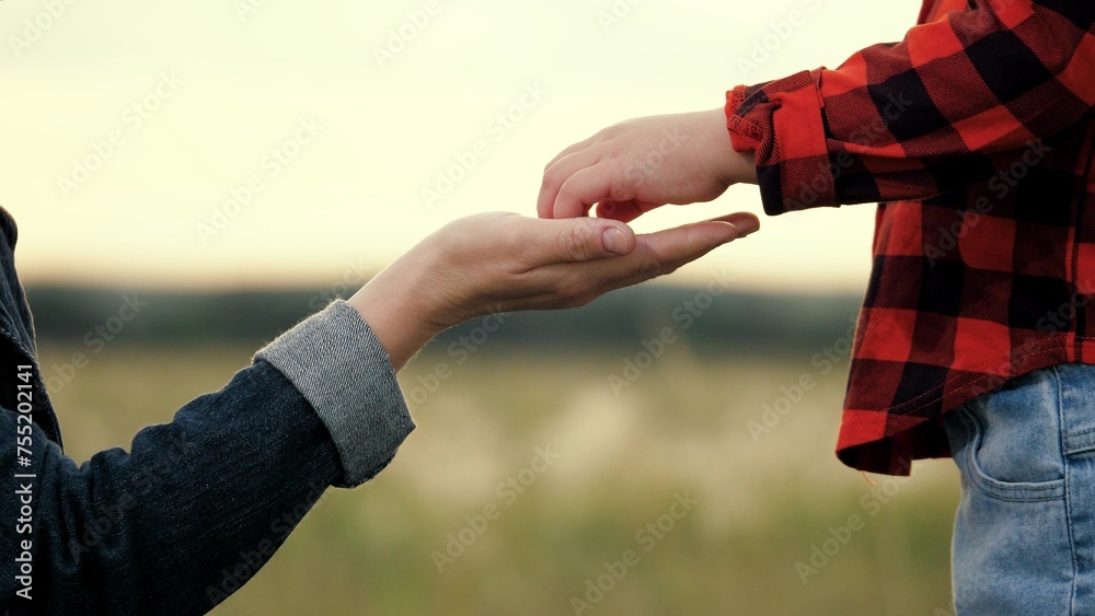 Childs hand greets mothers hand outdoor. Mom plays with his little child, teaches his son how to say hello, hello mom. Mother, boy child teamwork. Happy family. Boy kid, mom shakes hands in park, walk