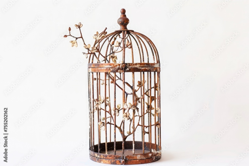 A small, ornamental birdcage, perfect for adding a touch of whimsy to your decor, isolated on a pure white background.