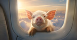 Portrait of a flying pig looking through the window of a commercial airliner with clouds and colorful sky in the background. When pigs fly.