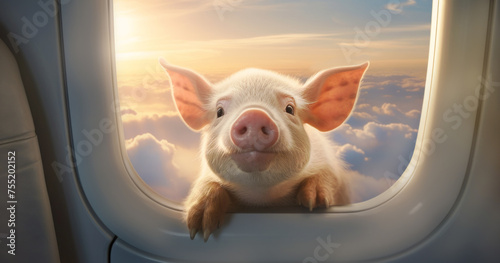Portrait of a flying pig looking through the window of a commercial airliner with clouds and colorful sky in the background. When pigs fly.