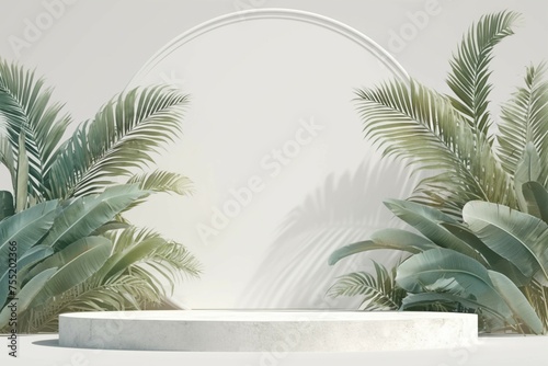 Elegant product display platform with white podium and palm leaves