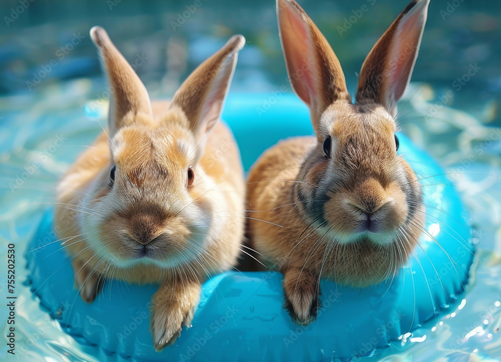 Two adorable rabbits relax on a blue inflatable tube in a swimming pool