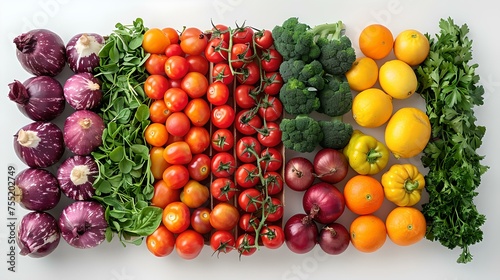 Rows of fresh colorful vegetables organized by color on white background  healthy eating concept. AI