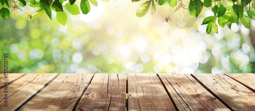 Rustic wood table top on blur natural green abstract background. AI generated image