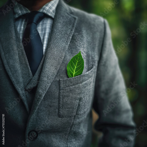 A young businessman in a gray suit. A green leaf in his jacket pocket. A green leaf symbolizing environmental protection. Generated by AI.