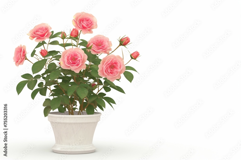 Graceful rose plant showcased in a vase, isolated on white