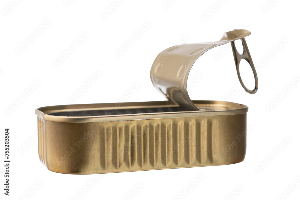 Empty fish can opened empty metal tin isolated on white background. Empty open conserve of copper color. Close up Empty fish can opened empty metal tin isolated on white background. Empty open conserve of copper color. Close up