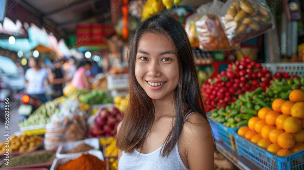 European girl against the backdrop of colorful market stalls