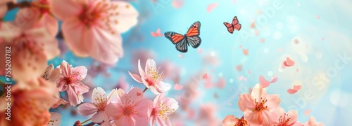 Spring background with pink cherry blossom flowers and flying butterflies Generative AI