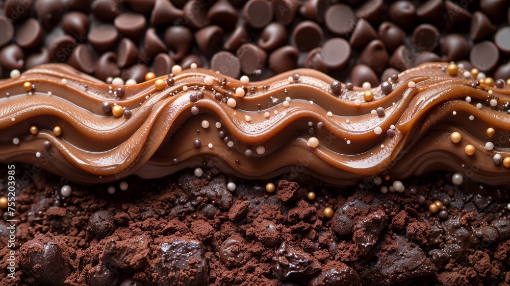 A detailed image of a chocolate cake with chocolate chips and frosting A detailed image of a chocolate cake with chocolate chips and frosting