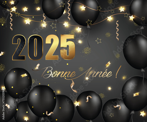 carte ou bandeau pour souhaiter une bonne année 2025 en or et noir avec des ballons noirs sur fond gris en dégradé avec des étoiles des serpentins de couleur or