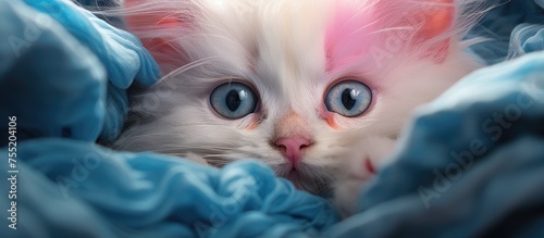 An Electric blueeyed white Felidae kitten with pink ears and whiskers is snuggled under a blue blanket, showcasing its fluffy fur and small size photo
