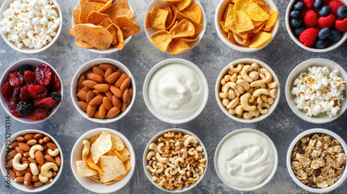 Mix of snacks. Variety of snacks such as nuts, chips and popcorn. photo