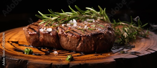 A delicious steak is elegantly presented on a rustic wooden cutting board, showcasing a beautiful blend of food and landscape elements