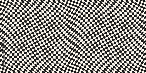 Checkered black and white seamless pattern with optical illusion effect. Simple abstract vector monochrome background. Groovy distorted texture. Op art illustration. Repeated retro geometric design