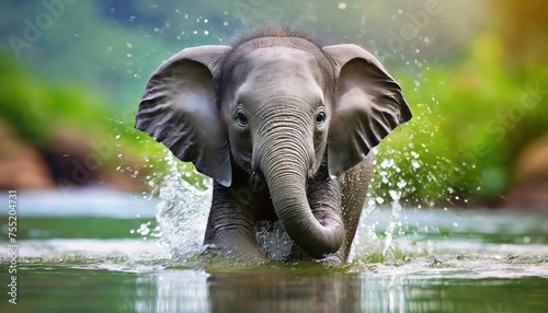 closeup view of cute and adorable baby elephant in splashing water in happy mood, lovely zoomed shot of animal.
