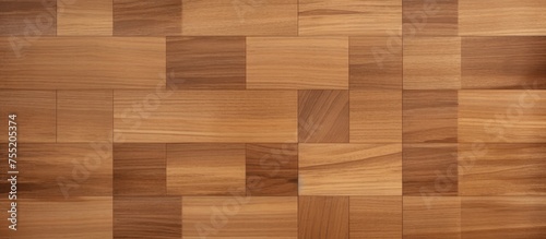 A wooden floor featuring a seamless pattern of squares in a chess-like arrangement. The squares create a visually striking and uniform design on the floor.