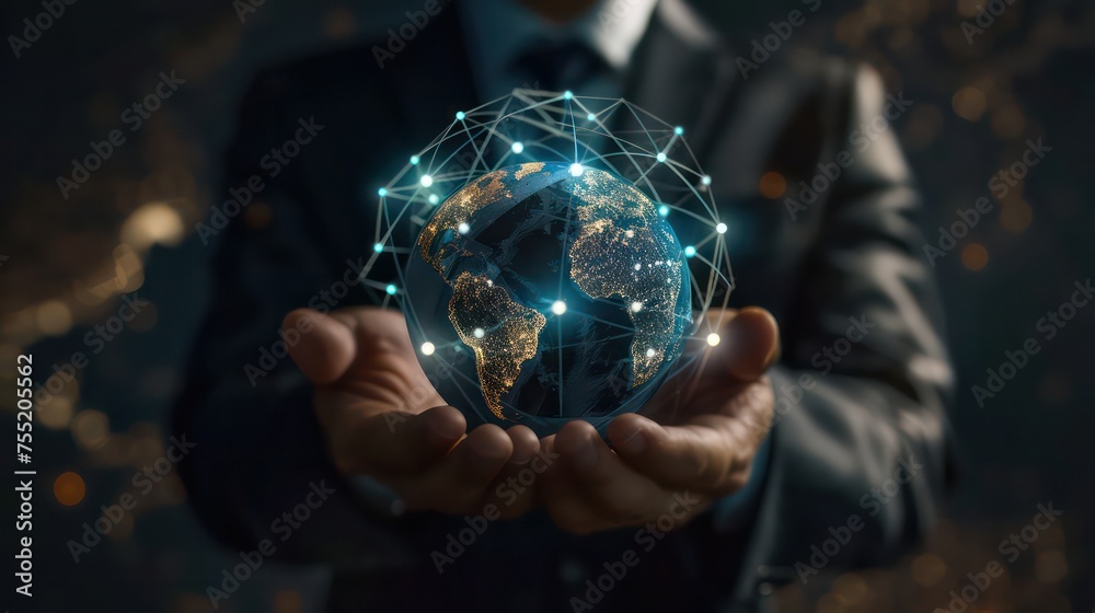 Fototapeta premium The concept of work in the global network of connections of the world.