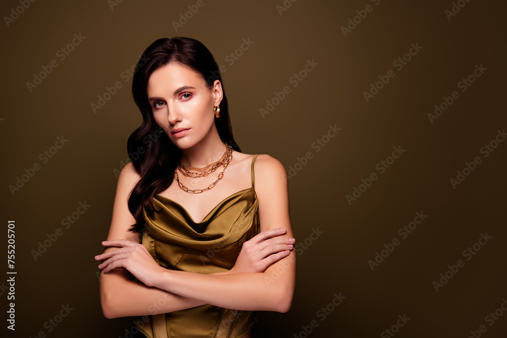 Successful confident rich lady on red carpet ceremony posing near empty space brown gradient color background Successful confident rich lady on red carpet ceremony posing near empty space brown gradient color background