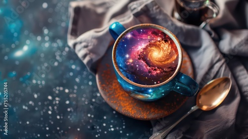 coffee cup filled with dark coffee that is mixed with colorful nebula and galaxies inside the cup