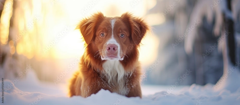 A brown and white Nova Scotia Duck Tolling Retriever dog is sitting in the snow, surrounded by a winter landscape. The dog appears relaxed and content as it enjoys the snowy environment.