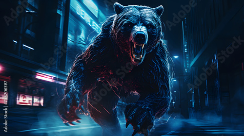 a video showing a bear with it's mouth open, in the style of neon realism, fantastical street, dark blue and white, mário eloy, pegi nicol macleod, lively street scenes, stark honesty 