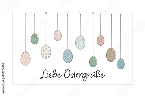 Liebe Ostergrüße - Schriftzug in deutscher Sprache. Grußkarte mit gemusterten Ostereiern in Pastellfarben.