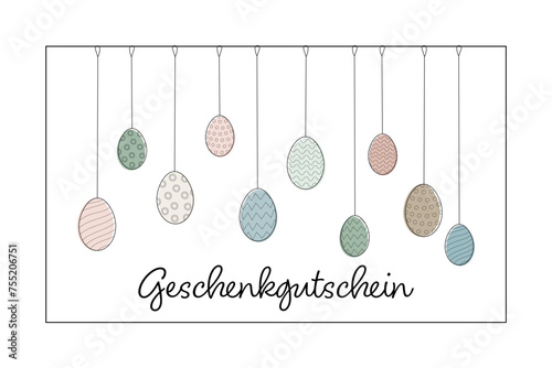 Geschenkgutschein - Schriftzug in deutscher Sprache. Geschenkkarte mit gemusterten Ostereiern in Pastellfarben.