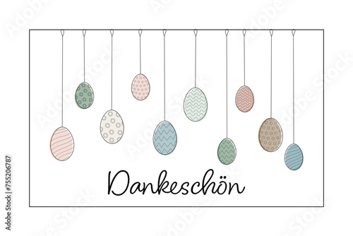 Dankeschön - Schriftzug in deutscher Sprache. Dankeskarte mit gemusterten Ostereiern in Pastellfarben.