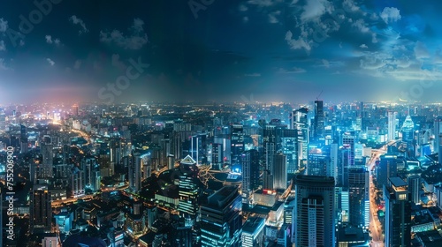 In a panoramic aerial view of the cityscape skyline, the integration of smart services and icons is depicted, showcasing the concept of the Internet of Things (IoT), networks, and augmented reality
