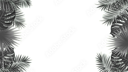 black and white palm leaf vector frame. Dark tropic foliage background. Tropical leaves isolated on white background. Jungle and amazon rain forest plants. Design for travel, beauty and fashion cards