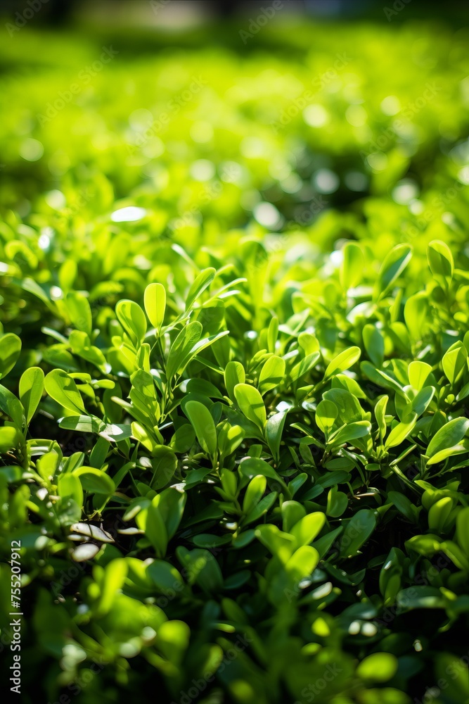 Obraz premium A close-up view of a densely packed cluster of green shrubs showcasing vibrant leaves. The lush foliage provides a sense of serenity in a natural setting