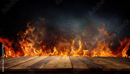 wooden table with Fire burning at the edge of the table, fire particles, sparks, and smoke in the air, with fire flames on a dark background to display products © blackdiamond67