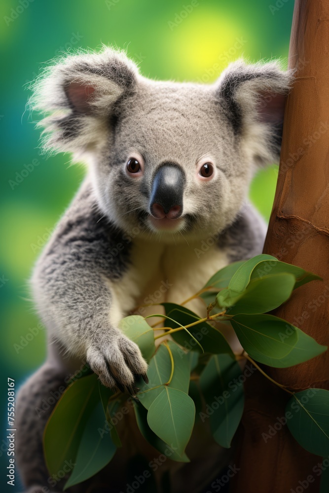 Fototapeta premium An adorable koala is perched on a tree branch, calmly observing its surroundings. The furry marsupials fluffy ears and rounded body stand out against the green foliage