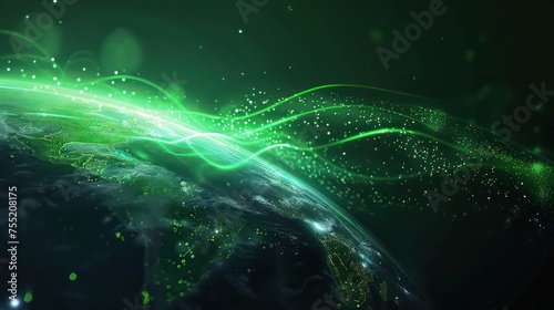 Green energetic light swooshes around the world