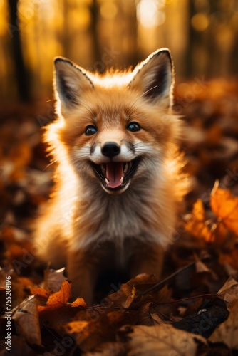 A small red fox is sitting among fallen autumn leaves. The foxs orange fur stands out against the earthy tones of the leaves. It looks alert, with its ears perked up