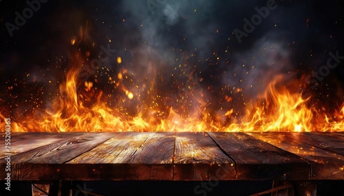 wooden table with Fire burning at the edge of the table, fire particles, sparks, and smoke in the air, with fire flames on a dark background to display products © blackdiamond67