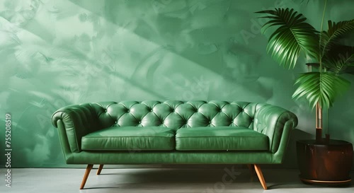 Mid-Century Retro Living Room with Light Green Leather Sofa photo
