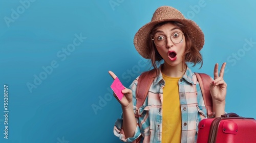 Close up shocked tourist woman in casual clothes hat hold passport ticket suitcase point finger aside workspace isolated on blue background Passenger travel abroad weekend getaway Air flight concept photo