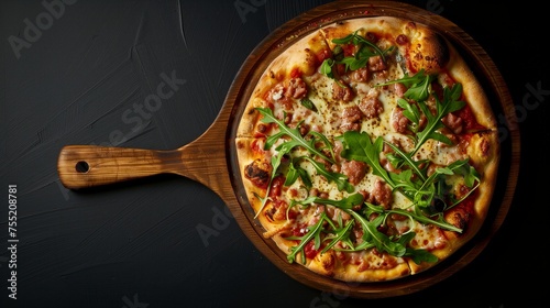An aerial view of a traditional Italian pizza, untouched and served on a baking shovel. It's isolated against a black background, offering space for text and copy