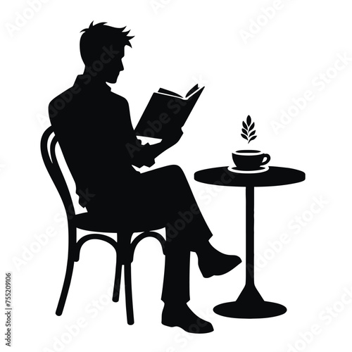 Person Reading at Café Table with Coffee Cup Silhouette