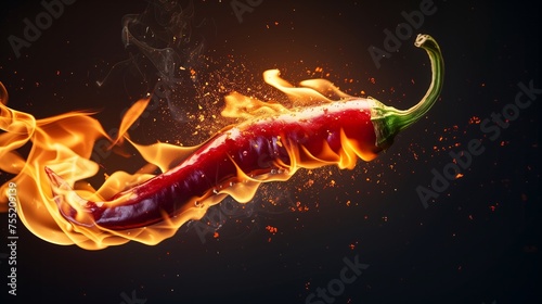 A close-up of a red chili pepper engulfed in flames against a black background