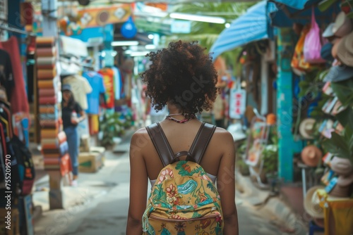 A female traveler with a backpack strolls down the bustling temple street, passing by water vendors, retail shops, and busy markets in the vibrant city photo