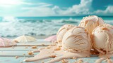 Melting ice cream on sea beach summer. Background concept