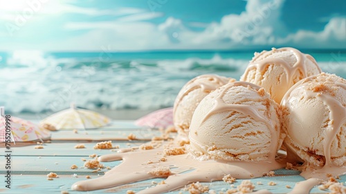 Melting ice cream on sea beach summer. Background concept photo