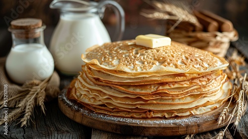 Big stack of homemade crepes or thin crepes with butter in rustic style