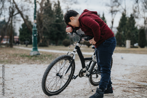 An active young boy pauses as he enjoys a bicycle ride in a scenic park setting, reflecting a sense of joy and freedom.