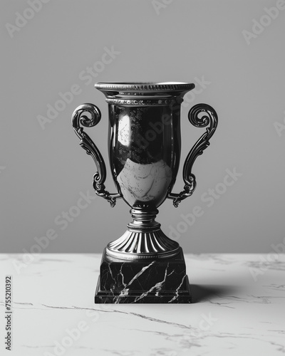 Elegant black and white photo of a classic trophy cup on a marble surface against a plain background.