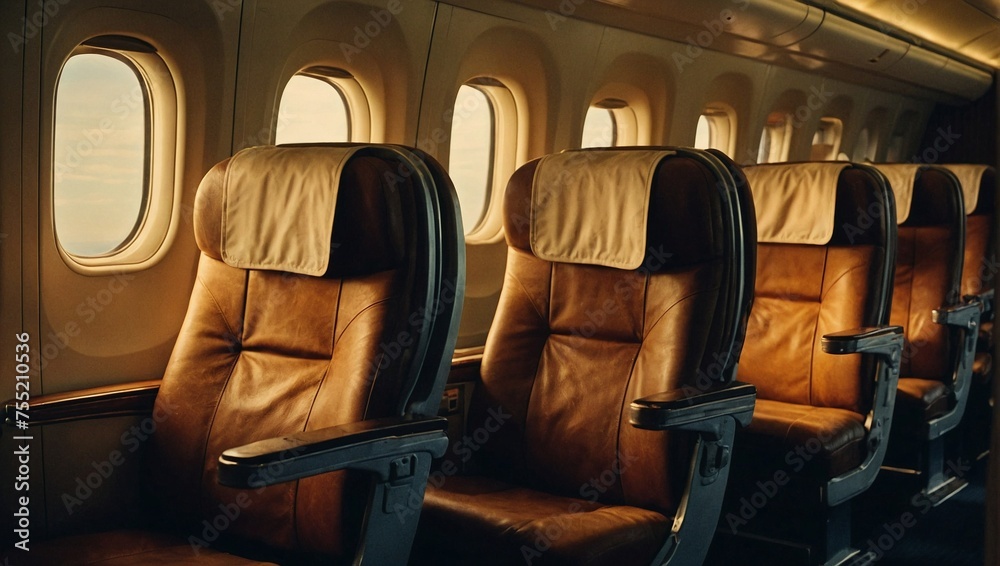 Fototapeta premium Interior of a passenger plane. Aisle with seats and windows of an airplane with a beautiful sunset.