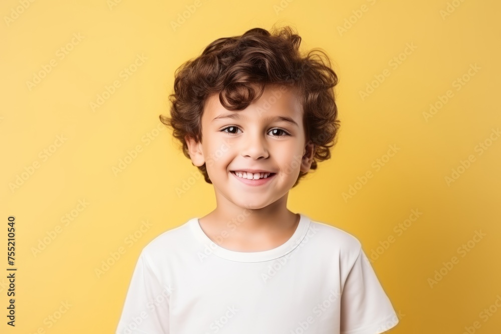 Portrait of a cute little boy with curly hair over yellow background Portrait of a cute little boy with curly hair over yellow background
